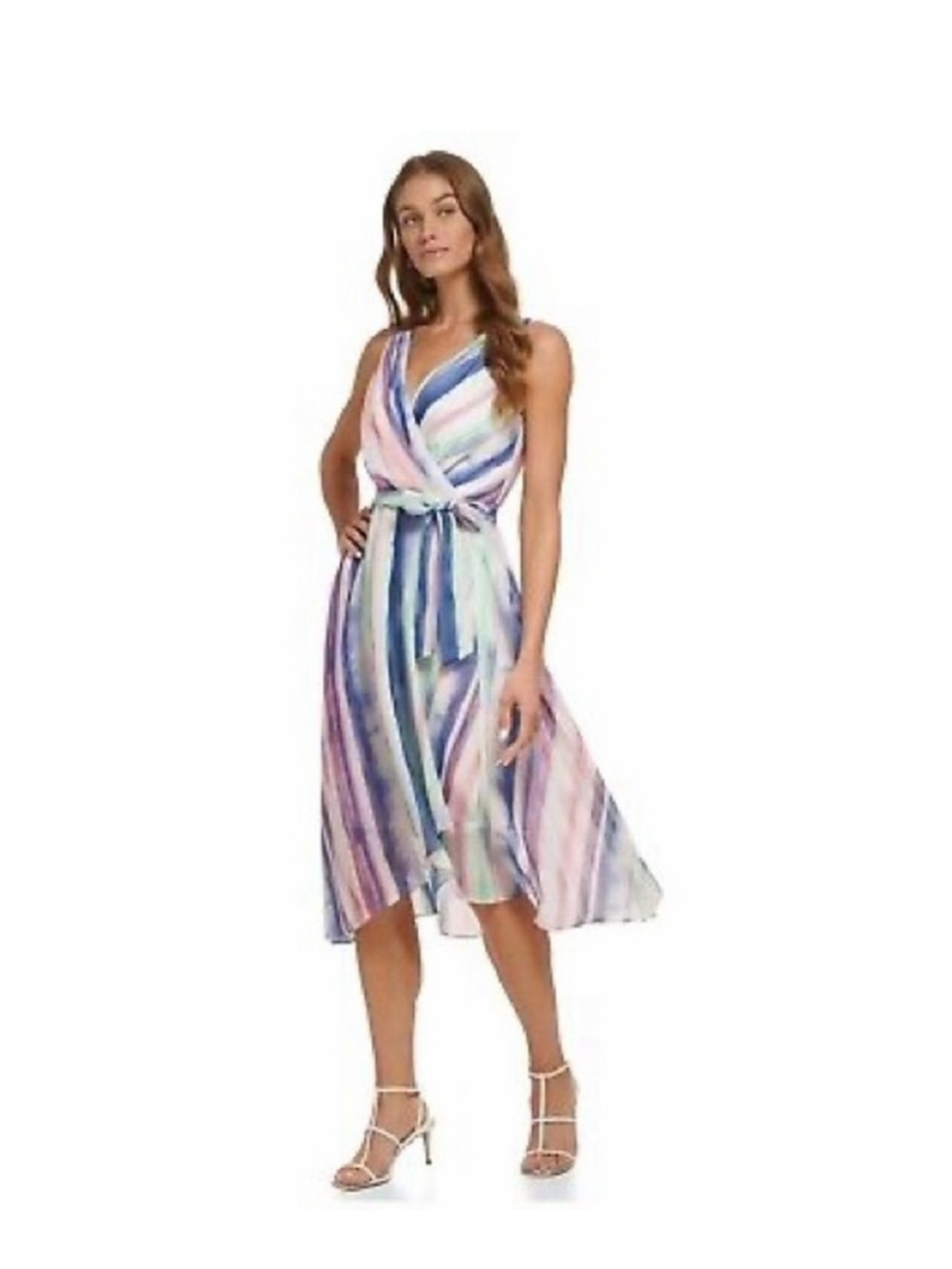 Dkny Multi-Stripe Pastel High-Low Wrap Dress